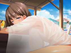 1boy 1girl arched_back armpits beach_umbrella blue_eyes blush breasts breasts_on_lap brown_hair cloud day drink food from_side fruit functionally_nude half-closed_eyes hanging_breasts highres large_breasts leaning_forward legs light_blush looking_at_viewer medium_hair orange_(fruit) original outdoors parasol see-through sideboob sitting sky solo_focus standing table thighs tokei_usagi umbrella rating:Questionable score:80 user:Ynyswydryn