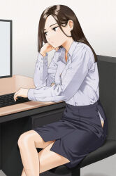  1girl artist_name black_skirt breasts brown_hair chair closed_mouth collared_shirt commentary_request crossed_legs desk earrings eyelashes feet_out_of_frame forehead grey_background grey_eyes grey_shirt high-waist_skirt indoors jewelry keyboard_(computer) legs long_sleeves looking_to_the_side mattaku_mousuke medium_breasts miniskirt monitor office_chair office_lady original panties panty_peek parted_bangs pencil_skirt shirt side_slit sidelocks signature sitting skirt solo stud_earrings swivel_chair thighs underwear watermark 