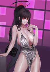  1girl absurdres bag black_hair blue_archive breasts cosplay dress evening_gown gcg halo hand_up handbag high_ponytail highres large_breasts long_hair parted_lips pelvic_curtain red_eyes rio_(blue_archive) sideboob sidelocks silver_dress solo st._louis_(azur_lane) st._louis_(azur_lane)_(cosplay) st._louis_(luxurious_wheels)_(azur_lane) thighs very_long_hair  rating:Sensitive score:66 user:danbooru