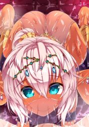  1girl all_fours anklet asakaze_abyss ass barefoot blue_eyes bubble circlet commentary_request dark-skinned_female dark_skin earrings elf from_above gem harem_outfit highres jewelry loincloth long_hair looking_at_viewer looking_up mouth_veil original pink_hair pointy_ears ponytail pov see-through smile soap solo veil  rating:Questionable score:37 user:danbooru