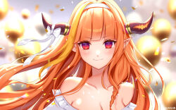  1girl artist_name balloon bare_shoulders blonde_hair blunt_bangs blurry blurry_background blush bow braid breasts cleavage closed_mouth collarbone commentary confetti dragon_girl dragon_horns dress english_commentary fang floating_hair frilled_dress frills goodbye gumae hairband hololive horn_bow horn_ornament horns kiryu_coco long_hair looking_at_viewer multicolored_hair off-shoulder_dress off_shoulder orange_hair pointy_ears red_eyes skin_fang smile streaked_hair virtual_youtuber white_bow white_dress 