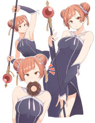  1girl arm_up armpits bare_shoulders black_dress breasts closed_mouth collarbone commentary_request detached_sleeves diagonal_bangs double_bun doughnut dress eitopondo food food_in_mouth hair_bun hair_ornament highres holding holding_polearm holding_weapon laufen_(sousou_no_frieren) looking_ahead looking_at_viewer medium_breasts mouth_hold multiple_views orange_eyes orange_hair orange_tassel parted_bangs polearm sleeveless sleeveless_dress sousou_no_frieren upper_body weapon 
