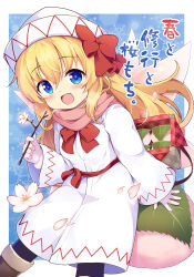  1girl :d baku-p black_pantyhose blonde_hair blue_eyes boots bow branch brown_footwear commentary_request cover cover_page dress fairy_wings food fur-trimmed_boots fur_trim gloves hair_between_eyes hair_bow hat highres holding holding_branch lily_white long_hair long_sleeves open_mouth pantyhose petals pink_scarf pink_wings red_bow sakura_mochi scarf smile snowflake_background solo touhou translation_request very_long_hair wagashi white_dress white_gloves white_hat wide_sleeves wings 
