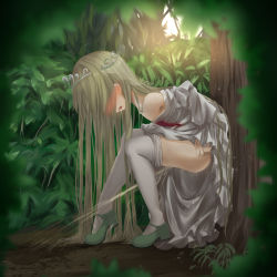 1girl blonde_hair blush clothes_lift clothes_pull dress dress_lift embarrassed forest green_footwear hair_over_eyes highres kokutenken loli long_hair long_sleeves looking_down nature open_mouth pantyhose pantyhose_pull peeing princess puddle shoes sky solo squatting tiara tree veil white_dress white_pantyhose rating:Explicit score:93 user:cpee