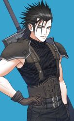  1boy armor belt belt_buckle black_gloves black_hair black_pants black_sweater blue_background blue_eyes buckle buster_sword closed_mouth crisis_core_final_fantasy_vii final_fantasy final_fantasy_vii final_fantasy_vii_rebirth final_fantasy_vii_remake gloves hair_slicked_back hand_on_own_hip ko102k1 looking_at_viewer male_focus multiple_belts pants ribbed_sweater shoulder_armor sleeveless sleeveless_turtleneck solo spiked_hair sweater sword turtleneck turtleneck_sweater upper_body weapon weapon_on_back zack_fair 