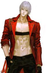  1boy abs belt belt_bra bishounen black_gloves black_pants blue_eyes closed_mouth coat collarbone cowboy_shot dante_(devil_may_cry) devil_may_cry devil_may_cry_(series) devil_may_cry_3 fingerless_gloves gloves hand_in_pocket hand_on_own_hip highres jacket jewelry long_hair long_sleeves looking_at_viewer male_focus muscular muscular_male navel necklace nipples open_clothes open_jacket open_shirt pants pectorals realistic red_coat red_jacket simple_background smile solo standing toned topless_male white_background white_hair xiong_hai 