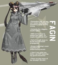  1girl absurdres aircraft airplane canards coat commentary english_commentary english_text fangs fighter_jet full_body grey_background grey_coat grey_footwear highres horns j-20 jet long_sleeves military_vehicle original pandramodo parted_lips people&#039;s_liberation_army people&#039;s_liberation_army_air_force personification pointy_ears simple_background smile solo standing tail teeth 