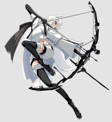  1girl aiming animal_ear_fluff animal_ears arknights bike_shorts bike_shorts_under_shorts black_footwear black_gloves black_thighhighs boots bow_(weapon) bright_pupils compound_bow drawing_bow full_body gloves grey_background highres holding holding_bow_(weapon) holding_weapon horse_ears horse_tail knee_up long_sleeves midriff platinum_(arknights) shirt shorts simple_background solo tail thighhighs weapon white_hair white_shirt white_shorts wuschelminityp yellow_eyes 