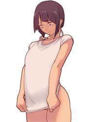  1girl boku_no_hero_academia bottomless breast_conscious clenched_hands commentary cowboy_shot flat_chest jirou_kyouka looking_down nervous niko_(toitoi210) outstretched_arms pussy shirt shirt_tug short_hair simple_background standing t-shirt thighs 