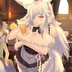  2boys 3girls animal_ear_fluff animal_ears apron arm_garter bar_(place) bar_stool barmaid beer_mug black_bow black_bowtie black_dress blonde_hair bow bowtie breasts cleavage collar corrupted_twitter_file cup detached_collar discordia_(vtuber) dress fox_ears fox_girl fox_tail frilled_dress frills froth grey_hair grey_tail hair_over_one_eye helmet highres holding holding_cup indie_virtual_youtuber large_breasts lips long_hair mole mole_on_breast mug multiple_boys multiple_girls red_eyes rroar8 second-party_source stool tail thighhighs virtual_youtuber waist_apron white_apron white_collar white_thighhighs wooden_floor 