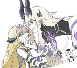  2girls arknights blonde_hair blue_eyes cape clenched_teeth cuffs dragon_girl dragon_horns dress eblana_(arknights) grabbing_another&#039;s_chin grin hair_between_eyes hairband handcuffs height_difference horns imminent_kiss jacket jacket_on_shoulders jewelry long_hair long_sleeves looking_at_another multiple_girls off_shoulder pointy_ears purple_eyes purple_hairband ring saileach_(arknights) simple_background skin_tight smile sweatdrop teeth white_background white_cape white_dress wrist_cuffs yunomi_(yunomi1129) yuri  rating:Sensitive score:1 user:ShiuninSora