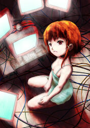  bad_id bad_pixiv_id breasts brown_hair cable cleavage computer dress iwakura_lain looking_at_viewer on_floor open_mouth serial_experiments_lain short_hair sitting technology 