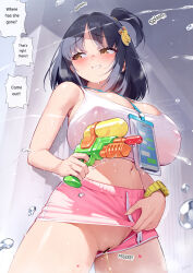  1girl against_wall bar_censor black_hair blush breasts brown_eyes censored clothes_pull covered_erect_nipples doyagao duck_hair_ornament english_text female_pubic_hair gao_(gaolukchup) grin heart highres holding holding_water_gun huge_breasts lanyard loogchoob_(gaolukchup) navel original peeing pink_shorts pubic_hair see-through short_shorts shorts shorts_pull smile smug solo speech_bubble sports_bra standing watch water water_drop water_gun wet wet_clothes white_sports_bra wristwatch  rating:Questionable score:118 user:danbooru