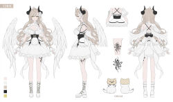  1girl absurdres ahoge boots breasts cat character_sheet closed_mouth corset curled_horns dress feathered_wings flower frilled_dress frills hair_flower hair_ornament heartki highres horns large_breasts leg_tattoo light_brown_hair long_hair multiple_views original tattoo very_long_hair white_dress wings yellow_eyes 