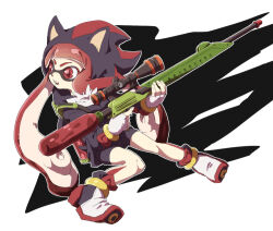  1girl bike_shorts cosplay crossover fangs full_body gloves inkling_girl inkling_player_character nintendo red_eyes red_hair shadow_the_hedgehog shadow_the_hedgehog_(cosplay) shadow_the_hedgehog_(game) solo sonic_(series) splat_charger_(splatoon) splatoon_(series) t_akiko tentacle_hair white_gloves 