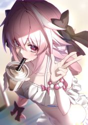  1boy astolfo_(fate) astolfo_(sparkling_frills)_(fate) bikini bikini_skirt bikini_top_only black_bow black_ribbon bow bracelet braid commentary_request cup disposable_cup drinking drinking_straw fang fate/apocrypha fate_(series) hair_intakes hair_ribbon highres jewelry long_braid long_hair looking_at_viewer male_focus multicolored_hair official_alternate_costume pearl_bracelet pink_bow pink_hair purple_eyes ribbon single_braid skin_fang solo streaked_hair swimsuit swimswuit takatun223 tea trap v  rating:Sensitive score:18 user:danbooru