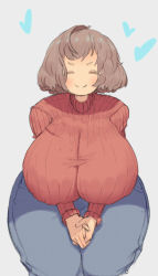  1girl =_= blush breasts brown_hair closed_eyes commentary cowboy_shot curvy denim english_commentary facing_viewer gigantic_breasts happy heart huge_breasts krid long_sleeves original own_hands_together pants plump ribbed_sweater shiny_clothes shirt short_eyebrows simple_background smile solo sweater taut_clothes taut_shirt thick_thighs thighs turtleneck turtleneck_sweater white_background wide_hips  rating:Sensitive score:62 user:danbooru