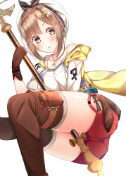 1girl absurdres ass atelier_(series) atelier_ryza bare_shoulders between_legs blush boots breasts brown_eyes brown_hair gloves hair_ornament hairclip hat highres jewelry looking_at_viewer looking_down necklace open_mouth parted_lips red_shorts reisalin_stout shiny_skin shizuri_yuki short_hair short_shorts shorts solo staff star_(symbol) star_necklace thigh_boots thighhighs rating:Sensitive score:2 user:armorcrystal