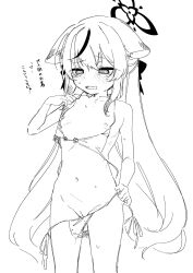  1girl @_@ animal_ears aotan_(aorin114) bad_id bare_arms bare_legs bare_shoulders bikini blue_archive blush cleft_of_venus cowboy_shot flat_chest greyscale halo highres inactive_account kokona_(blue_archive) loli long_hair monochrome navel nipples open_mouth pussy simple_background solo swimsuit tiger_ears translation_request white_background  rating:Explicit score:30 user:danbooru