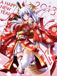  10s 1girl 2013 bad_id bad_pixiv_id blush bodypaint breasts bridal_gauntlets detached_sleeves happy_new_year highres horns huge_weapon japanese_clothes kimono knee_brace large_breasts long_hair looking_at_viewer midoriiro_no_shinzou miniskirt new_year obi ofuda original over_shoulder red_eyes sandals sash silver_hair skirt snake_tail solo sword sword_over_shoulder tail tattoo thighhighs weapon weapon_over_shoulder zettai_ryouiki  rating:Sensitive score:10 user:danbooru
