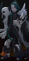  00kashian00 1girl absol absurdres ahoge anklet brown_footwear commentary_request creatures_(company) crossed_legs game_freak gen_2_pokemon gen_3_pokemon green_hair hair_over_one_eye hair_over_shoulder half-closed_eyes highres houndoom jacket jewelry long_hair looking_at_viewer mightyena necklace nintendo open_mouth pants pokemon pokemon_(creature) pokemon_sv ponytail red_eyes rika_(pokemon) shoes sitting teeth tongue tongue_out  rating:General score:12 user:danbooru