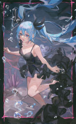 1girl absurdres armpit_crease bare_arms barefoot black_border black_dress black_ribbon blue_eyes blue_hair border breasts bubble cleavage collarbone coral dress esscelaibr foot_out_of_frame hair_between_eyes hair_ribbon hatsune_miku highres long_hair medium_breasts open_mouth ribbon shinkai_shoujo_(vocaloid) smile solo underwater very_long_hair vocaloid 