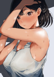1girl arm_up black_hair blush breasts brown_eyes closed_mouth doushimasho covered_erect_nipples from_side hand_in_own_hair highres lips looking_at_viewer medium_breasts original short_hair solo sweat tank_top upper_body rating:Questionable score:32 user:danbooru