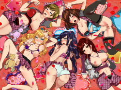  5girls ahegao ass black_panties blonde_hair blue_bra blue_eyes blue_hair blush bra breast_slip breasts brown_eyes brown_hair censored clenched_teeth female_focus fucked_silly garter_belt gloves green_eyes hair_ornament highres huge_breasts jewelry kimino_yume_(artist) large_areolae large_breasts long_hair lying multiple_girls navel necklace nipples no_panties on_back one_breast_out open_mouth original panties pillow pink_eyes plaid plaid_skirt purple_bra purple_panties pussy red_bra red_hair ribbon rolling_eyes saliva short_hair skirt smile spread_legs spread_pussy stuffed_animal stuffed_toy teeth thighhighs tongue tongue_out top-down_bottom-up twintails underwear white_panties 