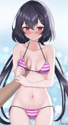  1girl 1other bikini black_hair blush character_request chinese_commentary commentary_request counter:side cowboy_shot gluteal_fold grabbing grabbing_another&#039;s_breast highres long_hair looking_at_viewer low_twintails lowleg lowleg_bikini neko_huan nose_blush red_eyes side-tie_bikini_bottom striped_bikini striped_clothes swimsuit twintails 