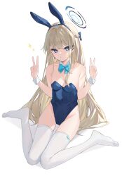  1girl absurdres animal_ears bare_shoulders blonde_hair blue_archive blue_bow blue_eyes blue_hair blue_leotard bow braid breasts cleavage detached_collar double_v earphones earrings full_body hair_bow halo highleg highres jewelry leotard long_hair looking_at_viewer medium_breasts multicolored_hair playboy_bunny rabbit_ears sitting sparkle thighhighs toki_(blue_archive) toki_(bunny)_(blue_archive) v wariza white_background white_thighhighs wrist_cuffs xiao_lin_jiu  rating:Sensitive score:14 user:danbooru