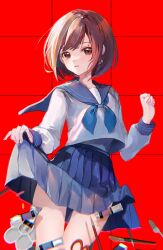  1girl absurdres aged_down blue_neckerchief blue_sailor_collar blue_skirt bob_cut braid brown_eyes brown_hair chromatic_aberration clothes_lift commentary crying crying_with_eyes_open eraser highres kikinoki lifted_by_self long_sleeves looking_at_viewer neckerchief paint_tube paintbrush palette_(object) parted_lips pencil pleated_skirt project_sekai red_background sailor_collar school_uniform scissors serafuku shinonome_ena shirt short_hair skirt skirt_lift solo tears white_shirt 