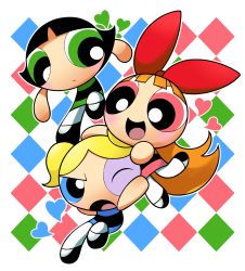  3girls absurdres argyle argyle_background argyle_clothes black_hair blonde_hair blossom_(ppg) blue_eyes blue_heart bow bubbles_(ppg) buttercup_(ppg) cartoon_network child closed_mouth commentary commentary_request diamond_(shape) dress green_eyes hair_bow heart highres long_hair multiple_girls one_eye_closed open_mouth orange_hair pink_eyes pink_heart powerpuff_girls shoes short_hair simple_background smile twintails  rating:General score:7 user:danbooru