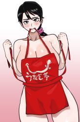  1girl :&gt; apron artist_request ass black_hair bleach breasts brown_eyes cleavage embarrassed gradient_background large_breasts lips long_hair looking_at_viewer low_ponytail naked_apron ponytail print_apron red_apron shiny_skin simple_background solo translation_request unagiya_ikumi wide_hips 