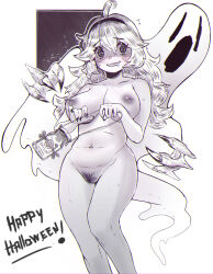  1girl @_@ ahoge black_nails blush bottle breasts claws cleft_of_venus creatures_(company) curly_hair game_freak ghost halloween hex_maniac_(pokemon) highres hottodg large_breasts long_hair milk_bottle monochrome nintendo nipples pokemon pokemon_xy pubic_hair pussy simple_background smile standing sweatdrop thick_thighs thighs tiara wavy_mouth white_background wide_hips  rating:Explicit score:32 user:Konataq