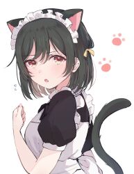  1girl alternate_costume animal_ears animal_hands apron black_bow black_hair black_shirt blush bow breasts cat_ears cat_paws cat_tail clenched_hand dot_nose embarrassed fang flying_sweatdrops frills hair_bow highres looking_at_viewer love_live! love_live!_nijigasaki_high_school_idol_club maid maid_apron maid_headdress mifune_shioriko notyu_maru open_mouth pink_nails puffy_sleeves red_eyes shirt short_hair short_sleeves small_breasts solo swept_bangs tail tsundere upper_body victorian_maid white_background white_bow yellow_bow 