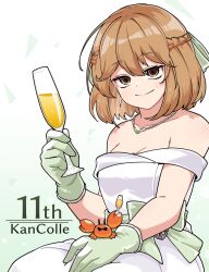  1girl bare_shoulders braid breasts brown_eyes brown_hair cleavage copyright_name crab cup dress drinking_glass french_braid fujinoki_(horonabe-ken) gloves green_gloves green_ribbon hair_ribbon highres holding holding_cup jewelry kantai_collection looking_at_viewer necklace oboro_(11th_anniversary)_(kancolle) oboro_(kancolle) official_alternate_costume pearl_necklace ribbon short_hair sleeveless sleeveless_dress solo 