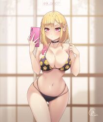  1girl artist_logo artist_name bikini black_bikini black_choker blonde_hair blurry blurry_background breasts cellphone choker closed_mouth collarbone dot_mouth dot_nose expressionless eyebrows eyelashes feet_out_of_frame female_focus hands_up holding holding_phone indoors jk_arts kitagawa_marin large_breasts long_hair looking_at_object navel phone print_bikini red_eyes solo sono_bisque_doll_wa_koi_wo_suru standing swimsuit thigh_gap watermark 