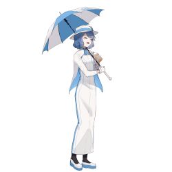  1girl :d absurdres ascot black_socks blue_ascot blue_dress blue_footwear blue_hair breasts bucket_hat closed_eyes commentary_request copyright_name dress drink flower full_body gloves hand_up hat hat_flower highres holding holding_drink holding_umbrella jacket kurobeko_(kur0bek0) long_dress long_sleeves medium_breasts open_clothes open_jacket open_mouth raised_eyebrows short_hair sidelocks simple_background smile socks solo standing suntory suntory_nomu swept_bangs tea thick_eyelashes three_quarter_view two-tone_dress two-tone_footwear umbrella virtual_youtuber white_background white_dress white_footwear white_gloves white_hat white_jacket 