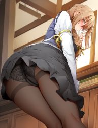  10s 1girl ass black_panties black_pantyhose black_skirt blush braid brown_eyes brown_hair cameltoe closed_mouth clothes_lift commentary crotch_seam embarrassed english_commentary from_below ginhaha goblin_slayer! guild_girl_(goblin_slayer!) hair_ribbon highres indoors long_hair long_sleeves looking_at_viewer panties panties_under_pantyhose pantyhose puffy_sleeves ribbon shirt single_braid skirt skirt_lift solo thighband_pantyhose underwear vest wavy_mouth white_shirt  rating:Questionable score:197 user:danbooru