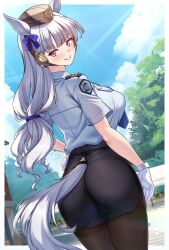  1girl alternate_costume animal_ears ass black_pantyhose black_skirt blue_necktie blue_shirt blunt_bangs bow breasts cowboy_shot drill_hair drill_sidelocks dutch_angle ear_bow from_behind gloves gold_ship_(umamusume) grey_hair grin hand_on_own_hip highres horse_ears horse_girl horse_tail impossible_clothes impossible_skirt light_rays long_hair looking_at_viewer looking_back low-tied_long_hair miniskirt necktie outdoors pantyhose park pencil_skirt pillbox_hat police police_uniform policewoman purple_eyes shirokuma_a shirt short_sleeves sidelocks skirt smile solo sunbeam sunglasses sunlight tail thighband_pantyhose umamusume uniform white_gloves 