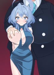  1boy 1girl ako_(blue_archive) ako_(dress)_(blue_archive) blue_archive blue_eyes blue_hair blush breasts embarrassed fat fat_man grabbing grabbing_another&#039;s_breast gradient_background huge_breasts one_breast_out size_difference  rating:Explicit score:2 user:xAkira