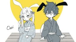  1boy 1girl chibi japanese_clothes rabbit_ears sitting tagme  rating:General score:1 user:yunoxnoelle