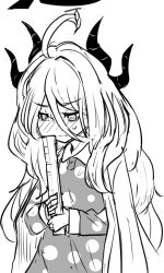  1girl absurdres ahoge blue_archive blush commentary_request demon_girl demon_horns demon_wings embarrassed gogogo_(gogogorx) greyscale hair_between_eyes hair_down halo highres hina_(blue_archive) hina_(pajamas)_(blue_archive) holding_ruler horns long_bangs long_hair long_sleeves monochrome multiple_horns official_alternate_costume official_alternate_hairstyle pajamas polka_dot polka_dot_pajamas sidelocks simple_background sketch solo very_long_hair white_hair wings 