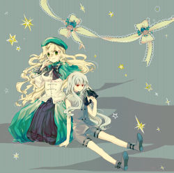  00s 1boy 1girl androgynous ankle_boots arm_support bad_id bad_pixiv_id beret blonde_hair blush boots bow dress green_eyes green_theme hat hisa junior long_hair michelle_cheung r.o.d_the_tv read_or_die red_eyes ribbon simple_background sitting star_(symbol) strap very_long_hair 