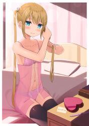  1girl apollo_(hu_maple) bedroom black_thighhighs blonde_hair blue_eyes blush bow bow_panties box breasts closed_mouth commentary_request crotch_seam day frown gift gift_box hair_ribbon heart-shaped_box highres indoors lingerie looking_at_viewer navel on_bed original panties pen pink_panties ribbon sitting small_breasts solo thighhighs twintails tying_hair underwear white_ribbon 