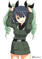 10s 1girl anchovy anchovy_(cosplay) anchovy_(girls_und_panzer) anzio_military_uniform arms_up belt black_belt black_hair black_ribbon black_shirt braid brown_eyes buchikaki commentary_request cosplay cowboy_shot dress_shirt drill_hair girls_und_panzer grey_jacket grey_skirt grin hair_ribbon hands_on_own_head head_tilt highres holding jacket long_sleeves looking_at_viewer military military_uniform miniskirt one-hour_drawing_challenge partial_commentary pencil_skirt pepperoni_(girls_und_panzer) ribbon shirt short_hair side_braid simple_background skirt smile solo standing twin_drills twintails twitter_username uniform v-shaped_eyebrows white_background wig 