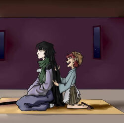  2others ^_^ adagumo_no_yaorochi androgynous apron bad_deviantart_id bad_id bad_source black_hair blue_hakama blue_kimono blunt_bangs brown_footwear brown_hakama brown_helmet closed_eyes closed_mouth detached_sleeves expressionless frilled_apron frills from_side full_body green_scarf green_vest hair_down hakama hakama_short_skirt hakama_skirt hands_in_hair hands_on_lap happy helmet indoors japanese_clothes katano_sukune kimono kneeling layered_sleeves len&#039;en light_frown long_hair long_sleeves mat multiple_others night night_sky no_tail open_mouth other_focus pale_skin pom_pom_(clothes) purple_sleeves red_hair scarf seiza short_hair short_kimono sitting skirt sky slippers smile socks star_(sky) starry_sky straight_hair sword teeth upper_teeth_only very_long_hair vest waist_apron weapon white_apron white_socks window wodkanna 