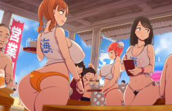 4boys 4girls :s abubu age_difference alcohol ass back beer beer_mug black_hair blue_sky blush bracelet breasts brown_hair cleavage cup day grabbing grabbing_another&#039;s_breast groping hairband highres ice_cream_cone jewelry large_breasts long_hair medium_breasts mug multiple_boys multiple_girls navel necklace one-piece_swimsuit onee-shota original red_hair see-through shota sitting sky smile swimsuit tray twintails rating:Questionable score:291 user:danbooru