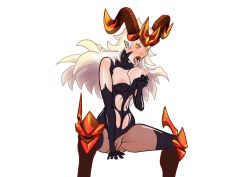  1girl balrona_(monster_super_league) breasts hellkipz horns medium_breasts monster_super_league nipples pussy saliva saliva_trail simple_background solo spread_legs uncensored yellow_eyes  rating:Explicit score:3 user:Hellkipz