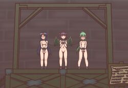  3girls bdsm blue_hair blunt_bangs blush bondage bound brick_wall captured chain closed_eyes closed_mouth collar completely_nude crowd cuffs dragon_girl dragon_wings female_focus fire_emblem fire_emblem:_mystery_of_the_emblem fire_emblem:_path_of_radiance fire_emblem:_shadow_dragon fire_emblem:_the_sacred_stones flat_chest full_body green_eyes green_hair green_wings hair_tie hana_(001amino) hands_up headband highres humiliation imminent_rape leash long_hair looking_at_another looking_at_viewer looking_to_the_side multi-tied_hair multiple_girls myrrh_(fire_emblem) nintendo nude onlookers out_of_frame own_hands_together pale_skin parted_bangs parted_lips people pointy_ears ponytail public_indecency public_nudity purple_hair red_eyes red_headband restrained sanaki_kirsch_altina shadow sign silhouette slave stage standing stocks textless_version tiki_(fire_emblem) tiki_(young)_(fire_emblem) twintails v_arms very_long_hair wings wooden_floor worried writing yellow_wings 